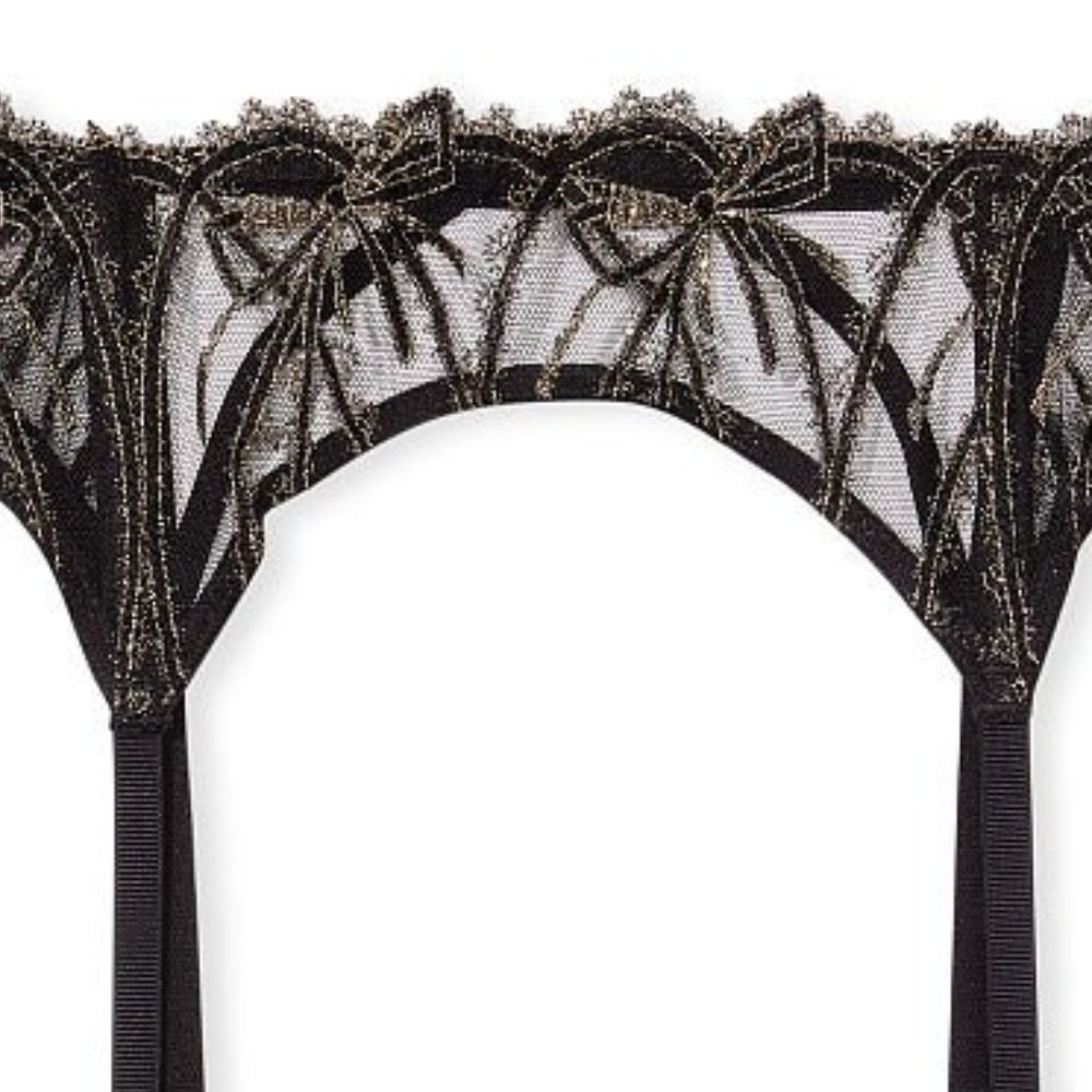 VS M/L Dream Angels Shimmer Bow Garter Belt Black and Gold Embroidery - Picture 2 of 5